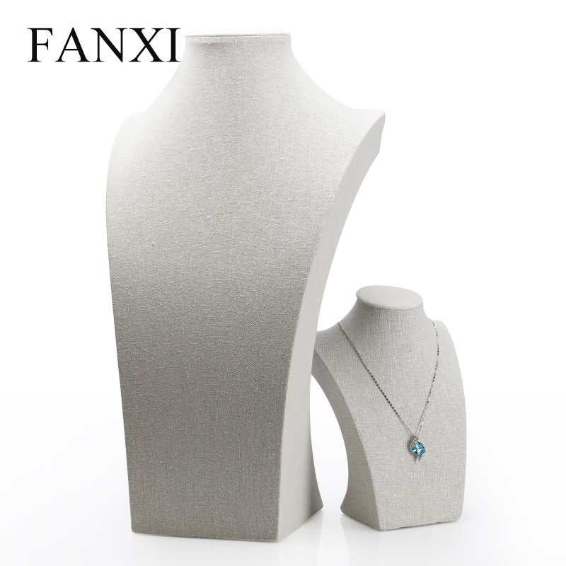 FANXI China Supplier Tall Jewelry Display Neck Stands Wood Linen Necklace Bust