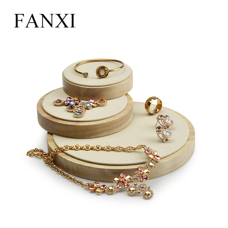 FANXI Elegant Soild Wood Microfiber Round Shape Jewelry Display Stand For Ring Earrings Necklace Holder Jewellery Board