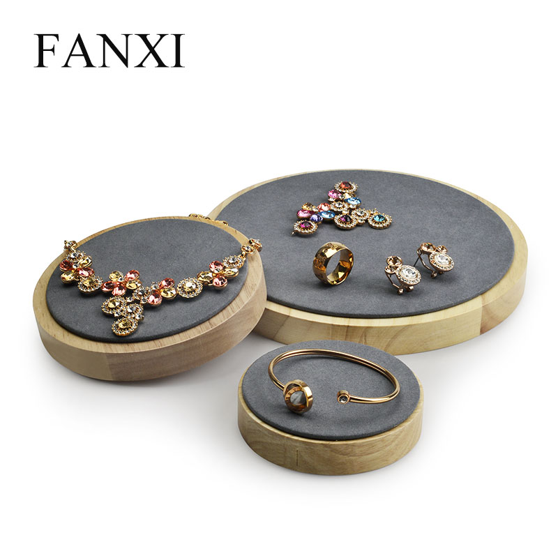 FANXI Elegant Soild Wood Microfiber Round Shape Jewelry Display Stand For Ring Earrings Necklace Holder Jewellery Board