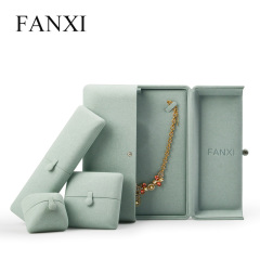 FANXI Unique Custom Jewellery Gift Box For Ring Necklace Bracelet Luxury Light Green Microfiber Double Door Jewelry Packaging Box