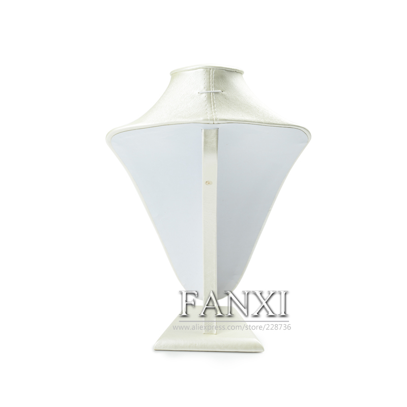 FANXI Custom Wood Jewelry Display Mannequin Metallic Beige PU Leather Neck Form Display