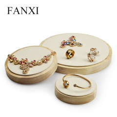 FANXI Elegant Soild Wood Microfiber Round Shape Jewelry Display Stand For Ring Earrings Necklace Holder Jewellery Board