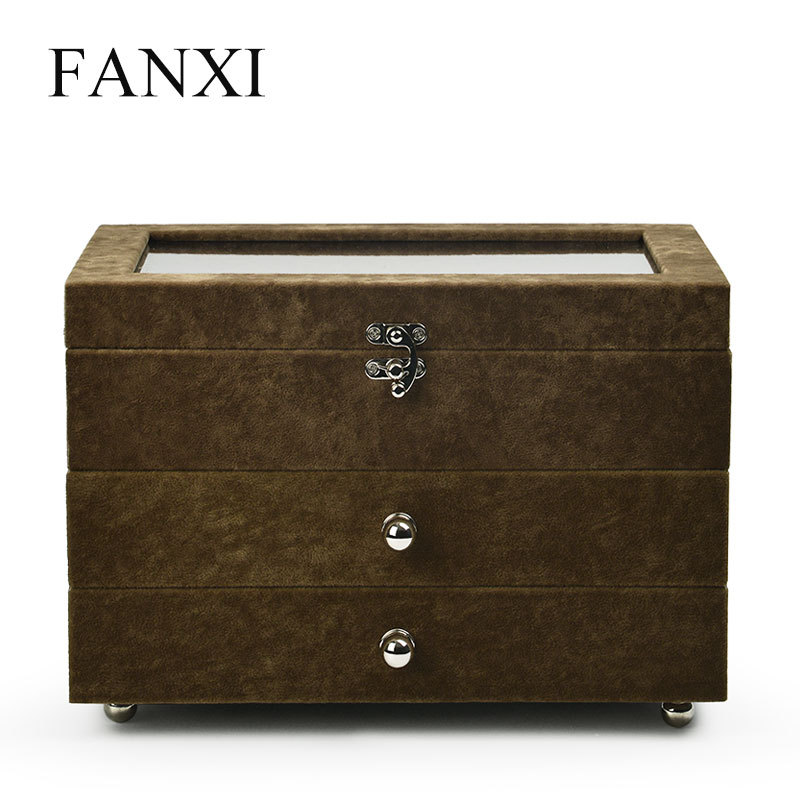 FANXI factory custom logo velvet jewellery organizer box with wood inside