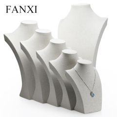 FANXI China Supplier Tall Jewelry Display Neck Stands Wood Linen Necklace Bust