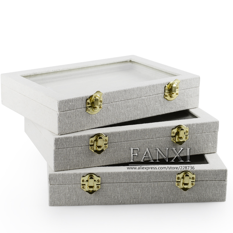 FANXI Jewelry Cases With Glass Lid For Ring Earrings Bracelet Necklace Storage Custom Beige Linen Jewelry Case