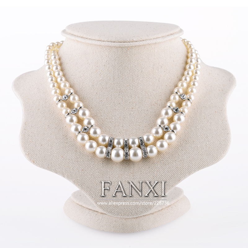 FANXI Jewelry Display High Quality MDF Wood With White Cardboard Korea Linen Creamy White Necklace Display Bust