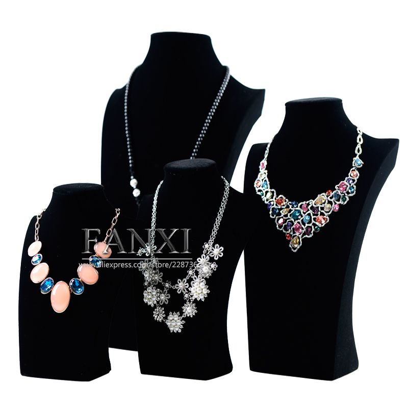 FANXI Wholesale factory custom wooden jewellery exhibitor mannequins black velvet pendant necklace display jwewlry necklace busts