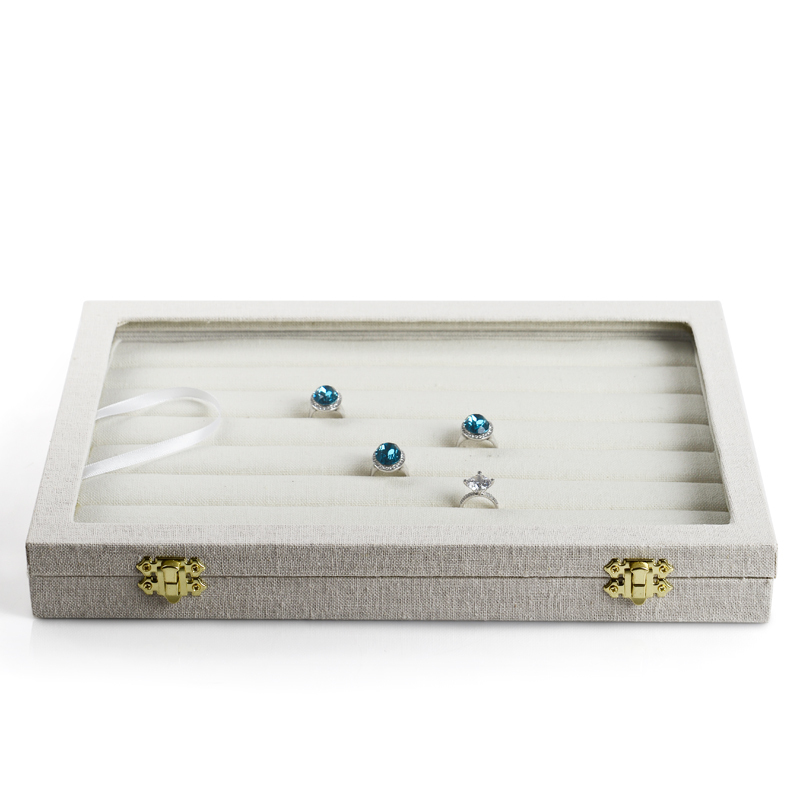 FANXI Jewellery Display Cases With Glass Lid For Ring Necklace Bracelet Linen Small Jewelry Storage Case