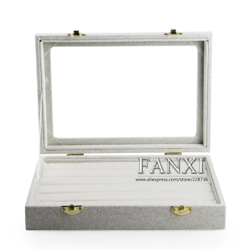 FANXI Jewelry Cases With Glass Lid For Ring Earrings Bracelet Necklace Storage Custom Beige Linen Jewelry Case