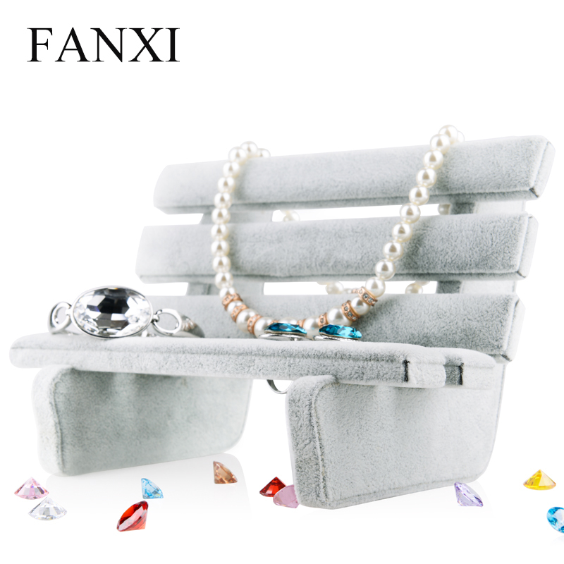 FANXI China Supplier Exquisite Gray Velvet Park Chair Jewellery Display Stand For Boutique Showcase Jewellery Display Cabinet