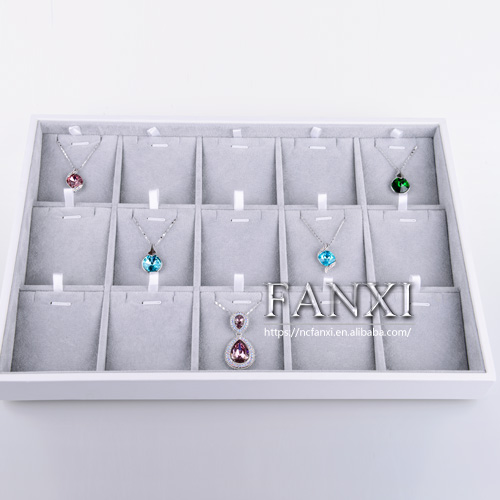 FANXI China Supplier Custom Fashion White PU Leather Necklace Holder Showcase Stackable Wood Jewellery Display Tray