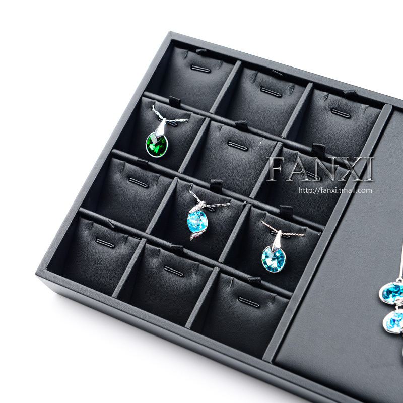 FANXI Wholesale factory custom stackable black PU leather jewellery exhibitor organizer pendants necklace and rings leather jewelry trays