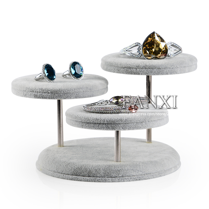 FANXI Wholesale Factory Custom Round Shape Wooden Jewellery Stand Holder Necklace Bangle Bracelet Gray Velvet Ring Display