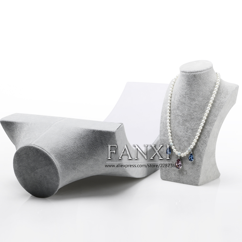 FANXI wholesale custom silver gray Ice velvet wooden jewelry Display bust mannequin model jewelry neck form