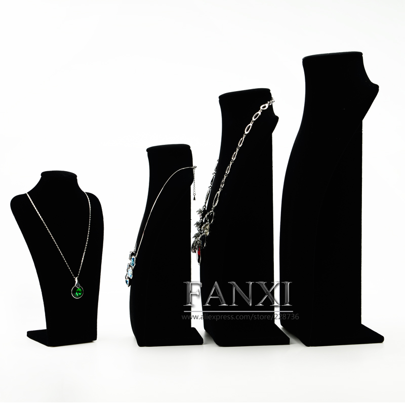 FANXI China Wholesale Custom Import Black Velvet Necklace Stand Holder Model MDF Dummy Jewellery Display Necklace Bust