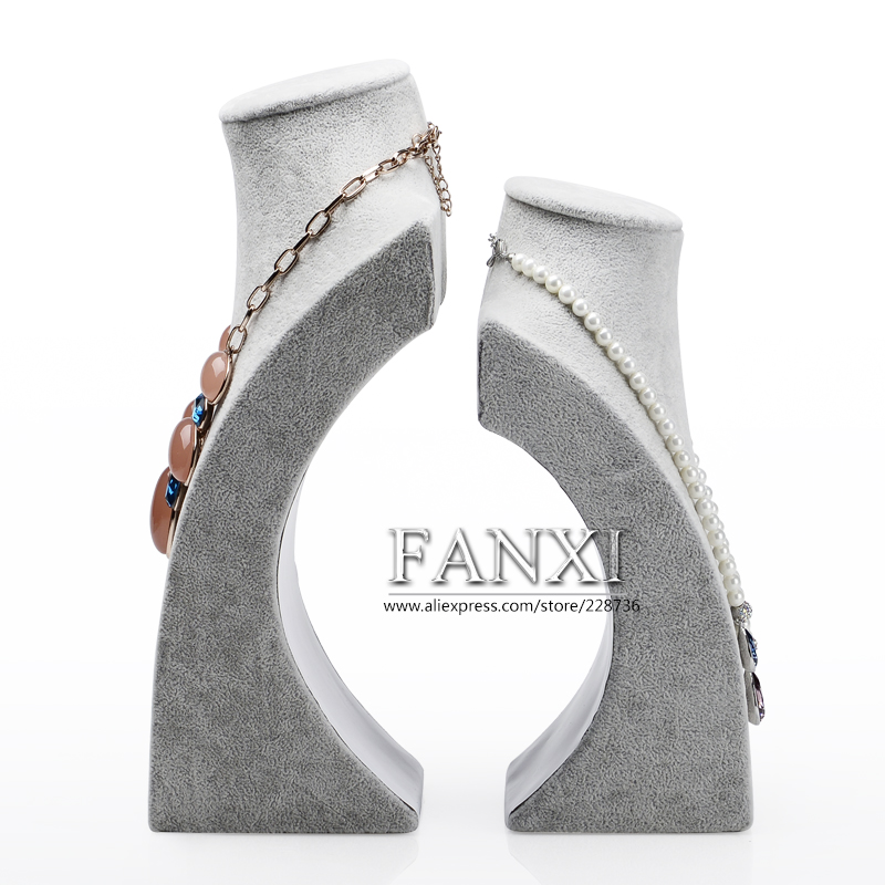 FANXI wholesale custom silver gray Ice velvet wooden jewelry Display bust mannequin model jewelry neck form