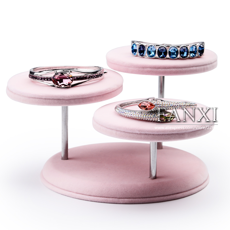 FANXI Wholesale Factory Custom Round Shape Wooden Jewellery Stand Holder Necklace Bangle Bracelet Gray Velvet Ring Display