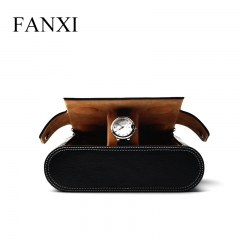 FANXI Custom Watch Organizer with velvet pilow insert and zipper and button Black PU Leather Watch case