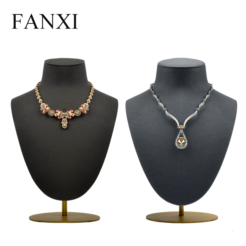 FANXI Custom Resin with gray and coffee Microfiber necklace bust for jewelry shop counter and winow showcase Luxury Metal Necklace Display Model