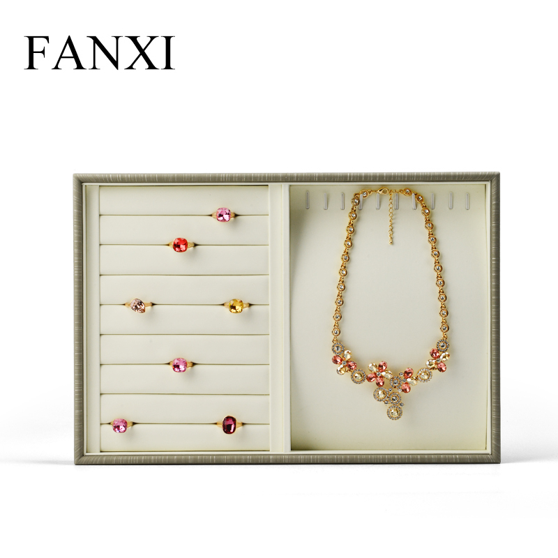 FANXI custom logo gray and beige jewellery service tray for ring earrings necklace bracelet PU leather Jewelry Exhibitor tray