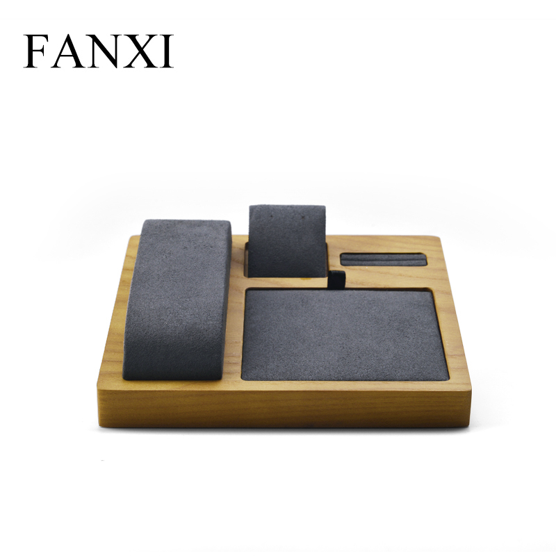FANXI Factory Wholesale Multi-function Wooden Jewelry Display Tray With Microfiber Insert Watch Ring Necklace Jewelry Tray