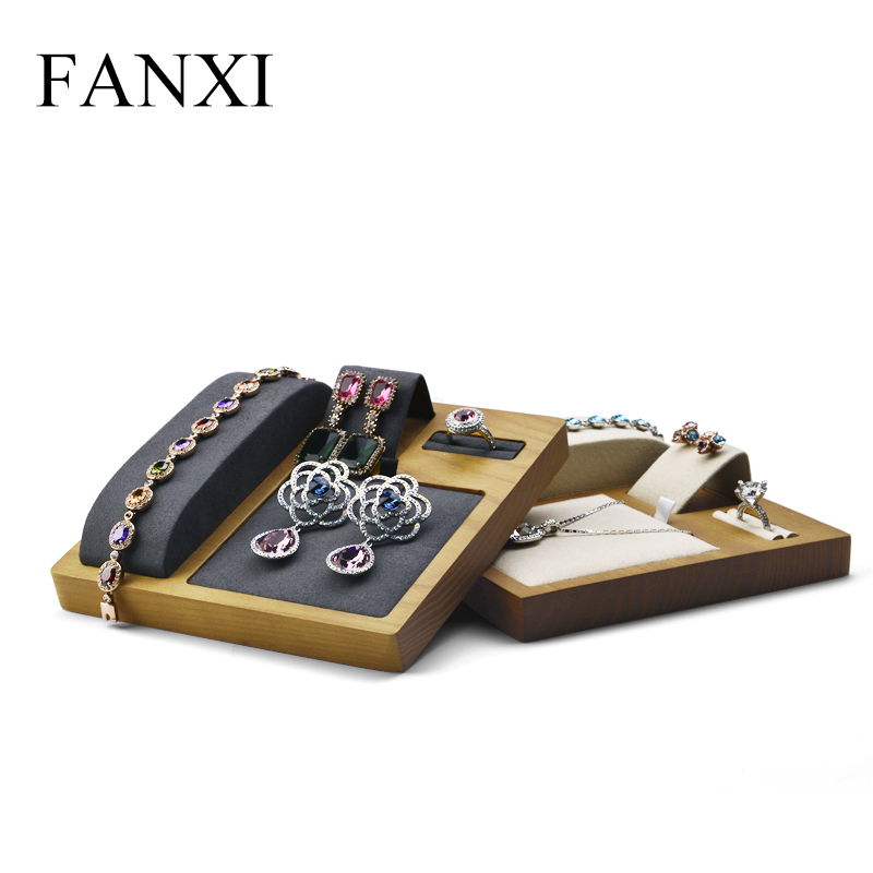 FANXI Factory Wholesale Multi-function Wooden Jewelry Display Tray With Microfiber Insert Watch Ring Necklace Jewelry Tray