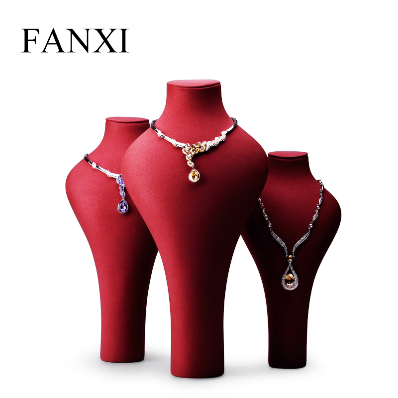 FANXI Jewelry Bust Display Stand Manufacturer Red or Dark Grey Resin And Outside Microfiber Necklace Holder Stand
