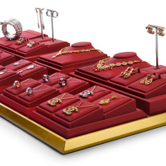 metal jewellery display tray with red leather