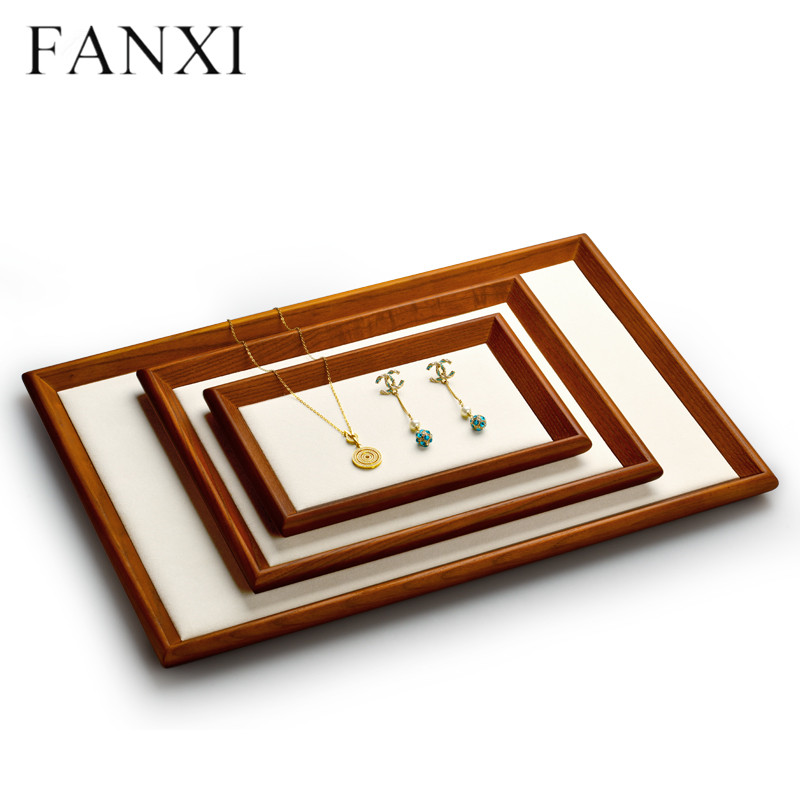 Stackable wooden jewellery display tray with microfiber