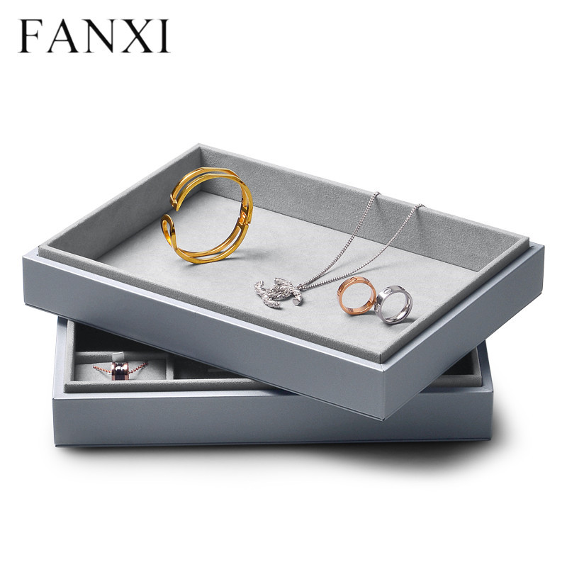 Gray leather stackable jewellery organizer display tray box for ring earring pendant bangle bracelet necklace