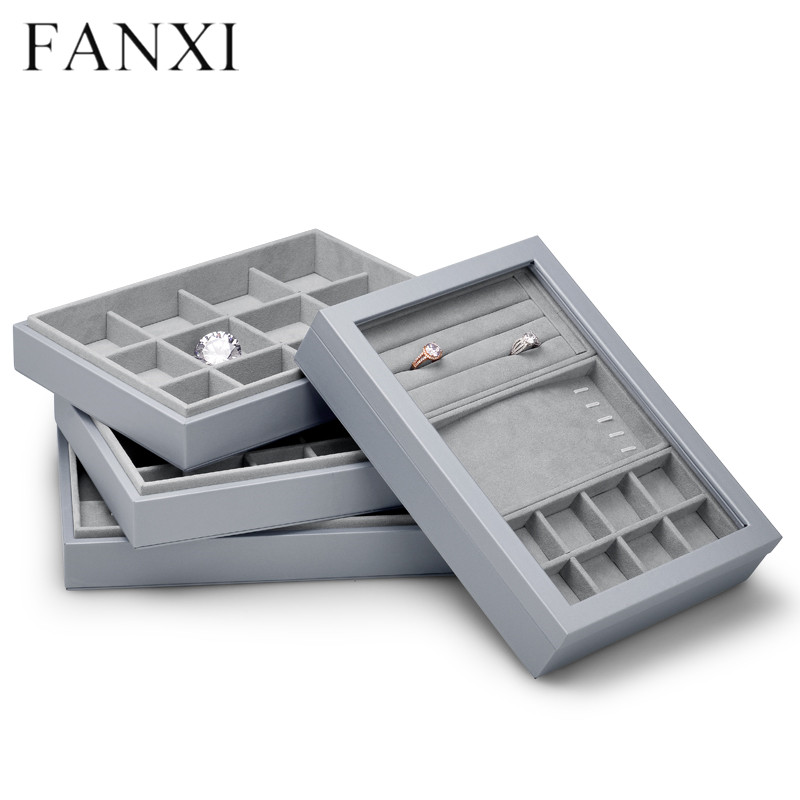 Gray leather stackable jewellery organizer display tray box for ring earring pendant bangle bracelet necklace