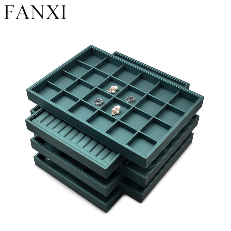 Dark green leather jewelry organizer display tray for ring pendant earring bangle bracelet necklace