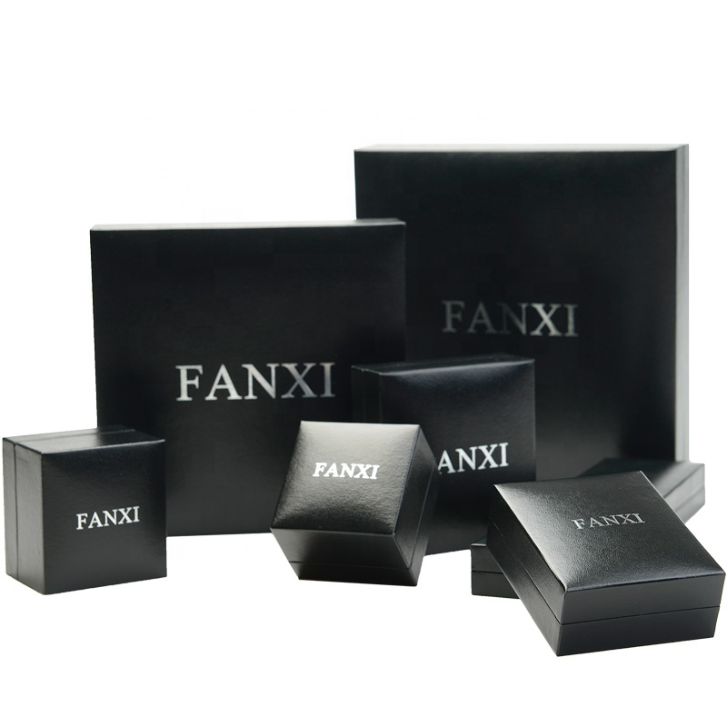 FANXI Wholesale Custom Logo Plastic Jewellery Packing Boxes For Ring Bracelet And Necklace Packaging Black Leatherette Paper Jewelry Box