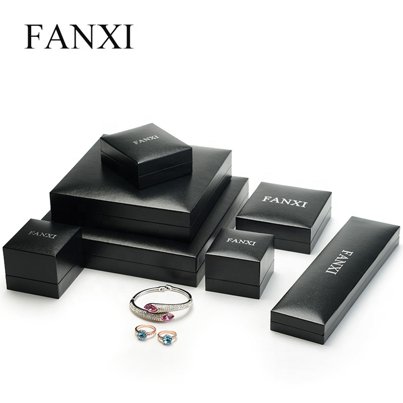 FANXI Wholesale Custom Logo Plastic Jewellery Packing Boxes For Ring  Bracelet And Necklace Packaging Black Leatherette