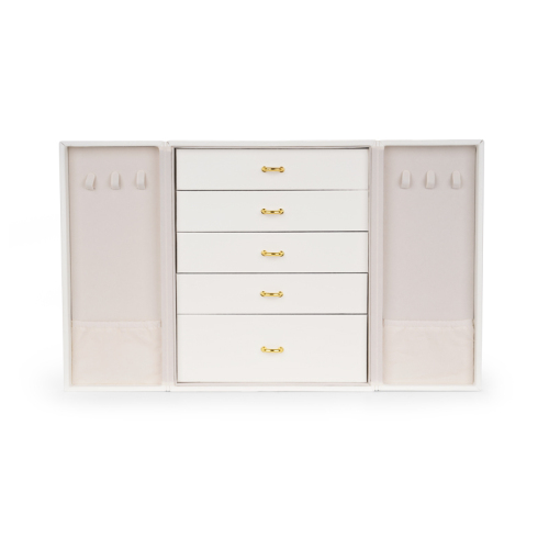 White leather multifunction jewelry organizer box case with microfiber inside