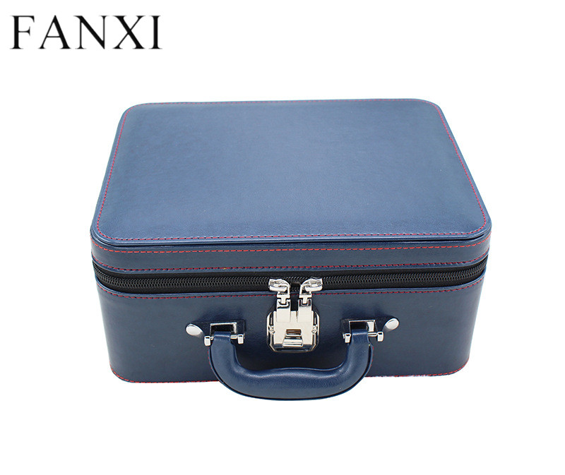 Blue brown leather multifunction jewelry storage box case