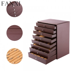 Drawer type brown leather jewelry storage box case
