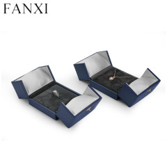 Navy blue leather jewelry packaging box for ring pendant