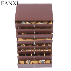 Drawer type brown leather jewelry storage box case