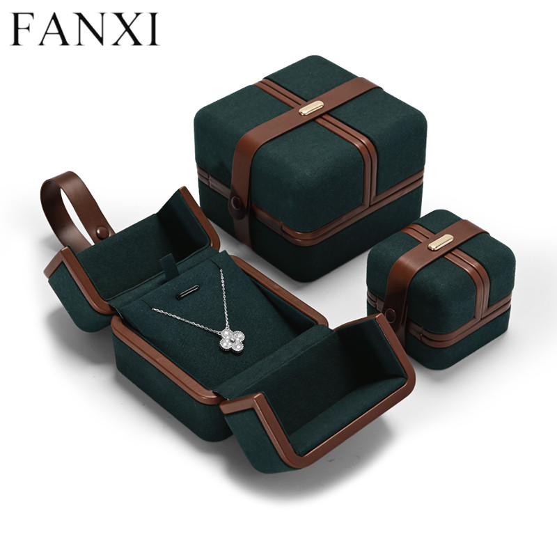 Unique classic dark green microfiber jewelry packing box with leather ribbon