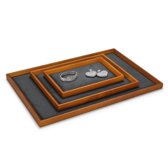 Wooden jewelry display tray with gray beige microfiber