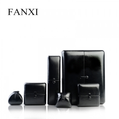 FANXI Deluxe Custom Logo Jewellery Boxes With Button And Velvet Insert For Ring Necklace Bangle Bracelet Black Leatherette Double Door Jewelry Box