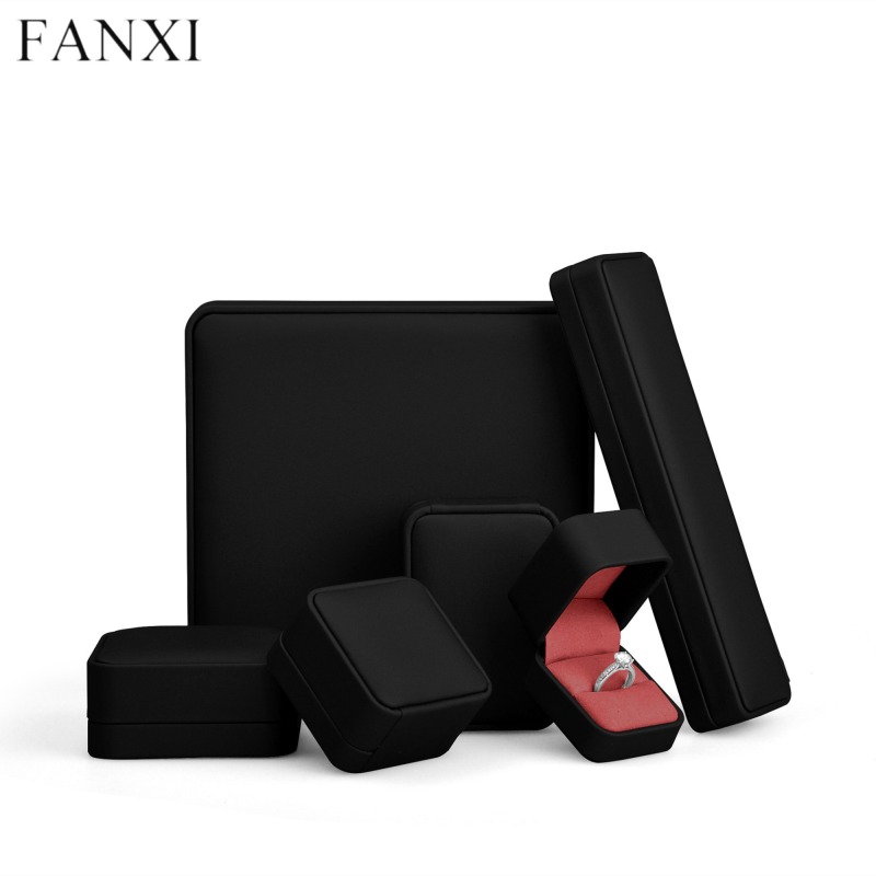 Black PU leather jewelry packing box with red microfiber inside
