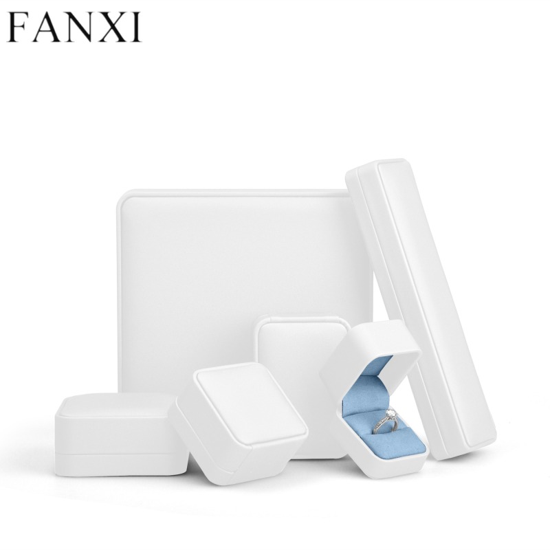 White PU leather jewelry packing box with blue microfiber inside