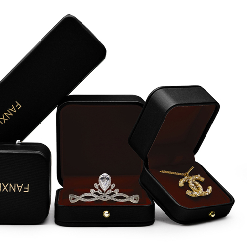 Black PU leather jewelry packing box with red velvet inside with metal button