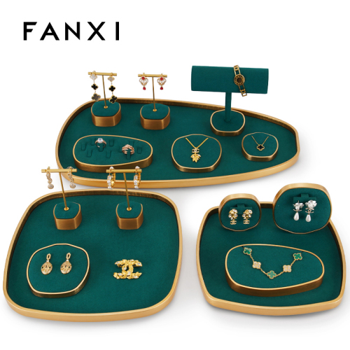 Custom counter metal frame with green microfiber jewellery display stand set exhibitor
