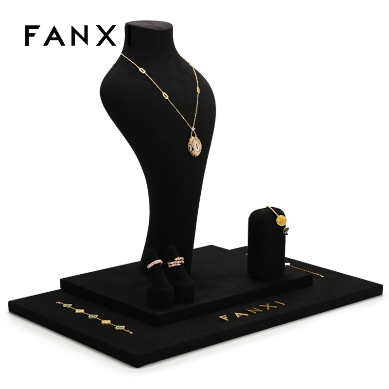 Custom counter black microfiber jewellery display stand set exhibitor