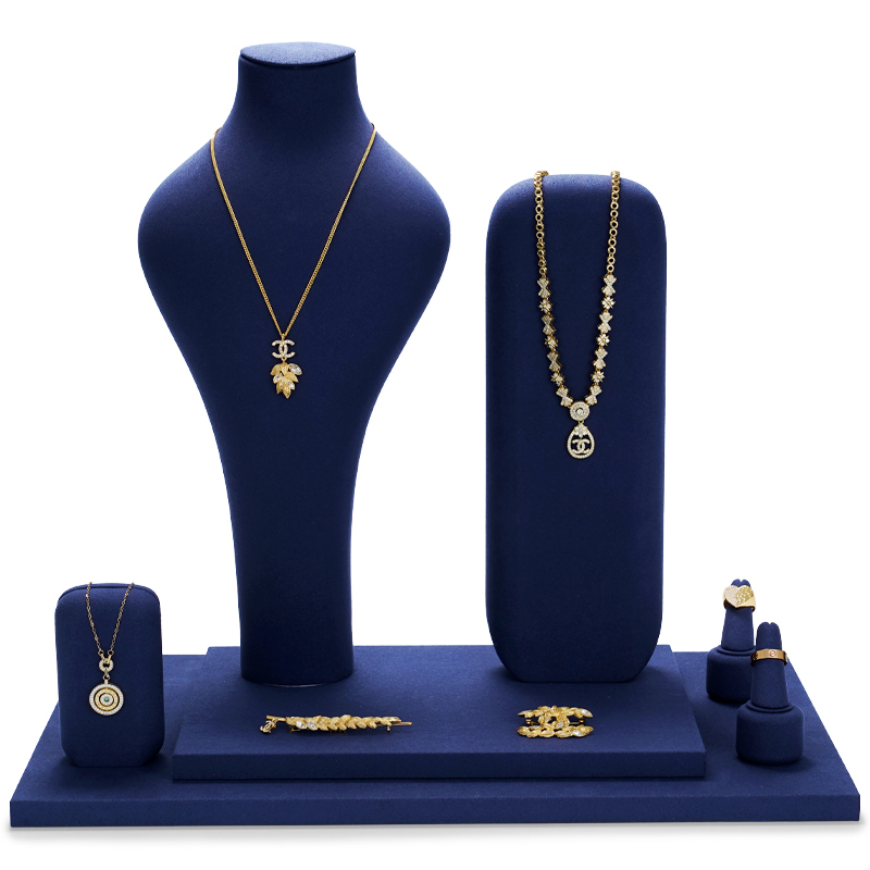 Custom counter blue microfiber jewelry display stand set exhibitor
