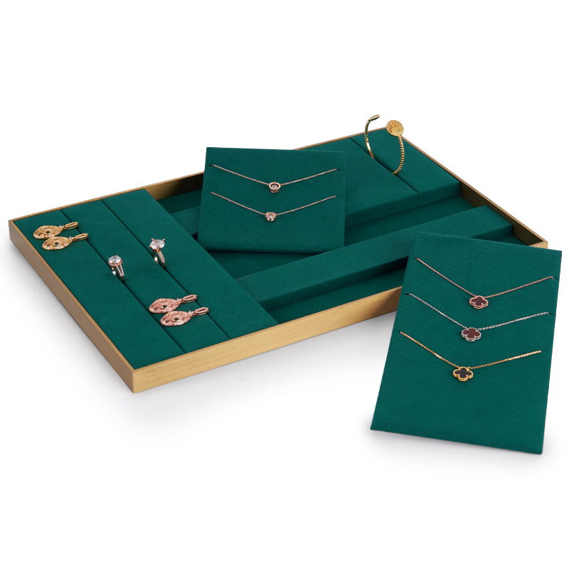 Custom counter metal frame with green microfiber jewelry display stand set exhibitor