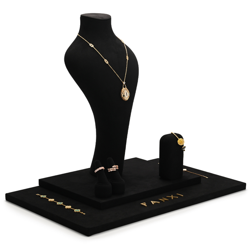 Custom counter black microfiber jewellery display stand set exhibitor